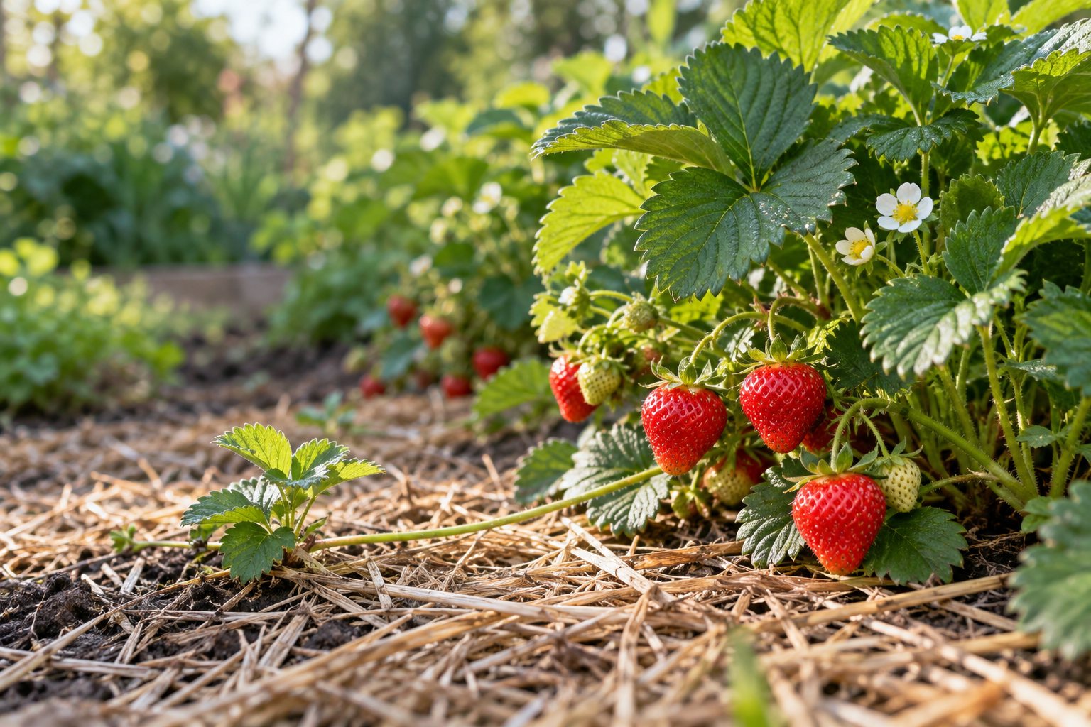 AI-generated educational illustration of strawberry plants with flowers and berries